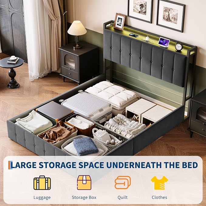 Garvee Full Size Lift Up Storage Bed with LED Lights, Upholstered Velvet Bed Frame with Storage Headboard & Charging Station, Metal Platform Bed, No Box Spring Needed, Solid Wooden Slats, Grey