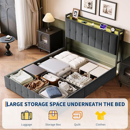 Garvee Full Size Lift Up Storage Bed with LED Lights, Upholstered Velvet Bed Frame with Storage Headboard & Charging Station, Metal Platform Bed, No Box Spring Needed, Solid Wooden Slats, Grey