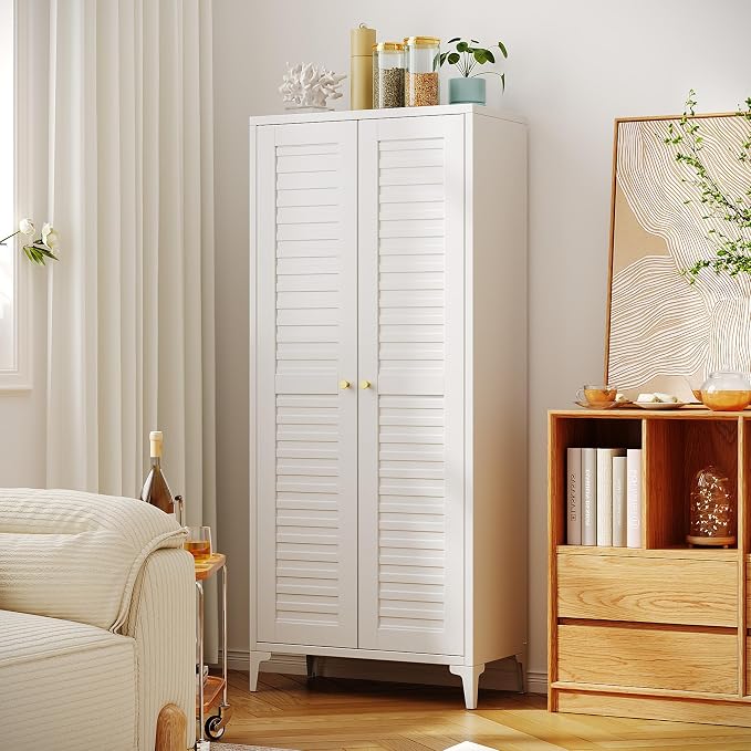 Metal Pantry Cabinet with 4 Adjustable Shelves, White Freestanding Kitchen Storage Cabinet for Dining Room, Kitchen, 63.58" H × 27.56" W × 13.78" D, Required Assembly, White
