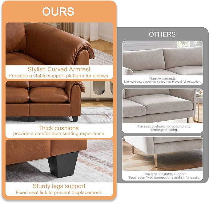 96" Faux Leather Modular Sectional Upholstered Sofa, Oversized 3 Seater Couch with Curved Armrests, Cloud Modern Upholstered Deep Seat Sofa for Living Room, Brown