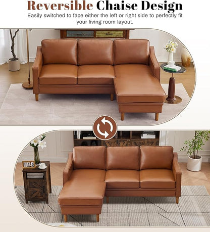 Kingfun 88" L-Shape Sofa, Faux Leather Sectional Couch, Mid Century Modern Couches with Solid Wood Frame for Living Room Bedroom