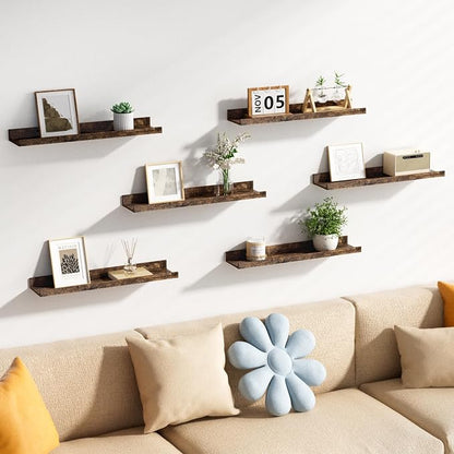 upsimples Floating Shelves for Wall, 23.6 Inch Shelves for Decor Storage Set of 6, Wall Mounted Wood Shelf for Bedroom, Living Room, Bathroom, Kitchen, Long Picture Ledge Shelves, Brown