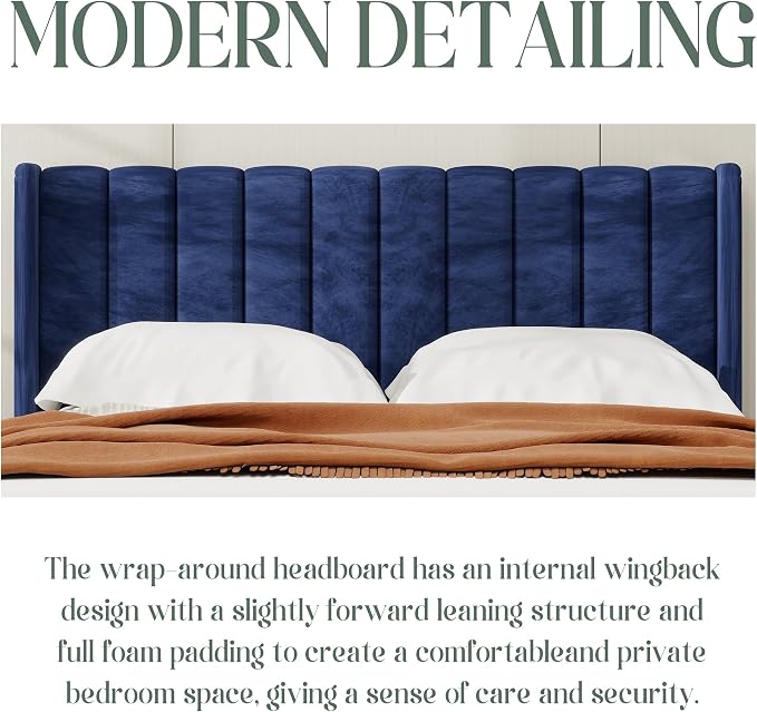 alazyhome Platform Bed Frame Queen Size with Upholstered Headboard, Solid Wood Slats Support, No Box Spring Needed, Noise Free, Easy Assembly, Modern Velvet Bed, Blue