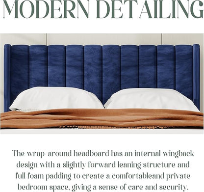alazyhome Platform Bed Frame Queen Size with Upholstered Headboard, Solid Wood Slats Support, No Box Spring Needed, Noise Free, Easy Assembly, Modern Velvet Bed, Blue