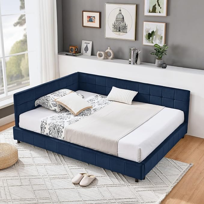 KEIKI Full Size L Shape Corner Bed Frames with Backrest and Armrests, Velvet Upholstered Sofa Daybed for Small Room, Living Room, Bedroom, Guest Room, Kids' Room