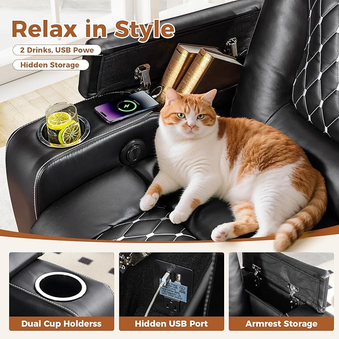 ANJ Power Recliner Chair Set of 8, Electric Soft Faux Leather Reclining Home Theater Seating - USB Ports, Cup Holders, Hidden Arm Storage Movie & Media Room Chairs (Black)