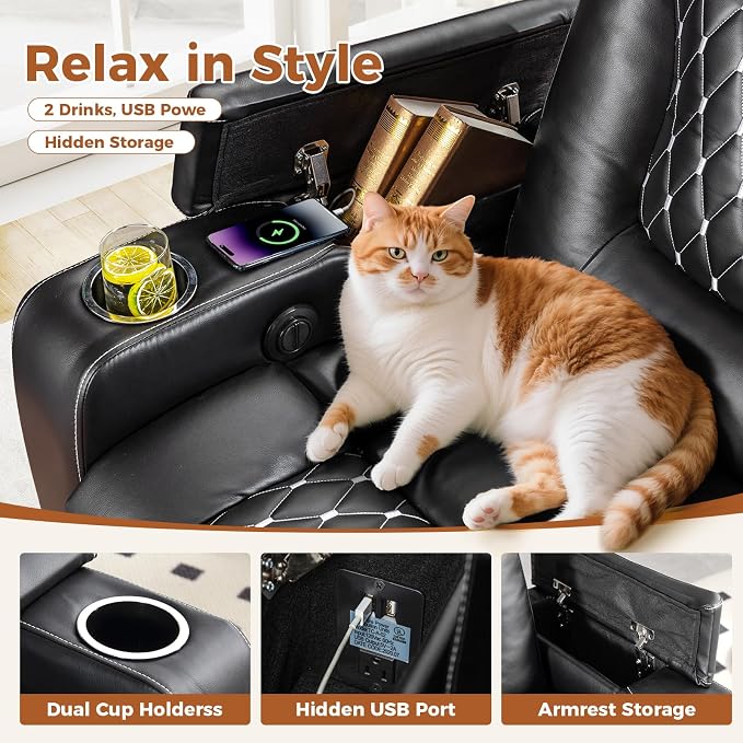 ANJ Power Recliner Chair Set of 7, Electric Soft Faux Leather Reclining Home Theater Seating - USB Ports, Cup Holders, Hidden Arm Storage Movie & Media Room Chairs (Black)