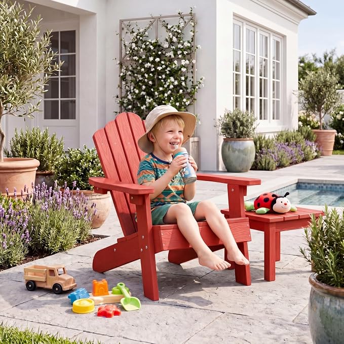 Giantex Kids Adirondack Chair, All-Weather HIPS Children's Outdoor Chair with Tilted High Backrest, Toddler Beach Chair for Garden Patio Backyard, Kids Lawn Chairs for Age 3-7 (1,Red)