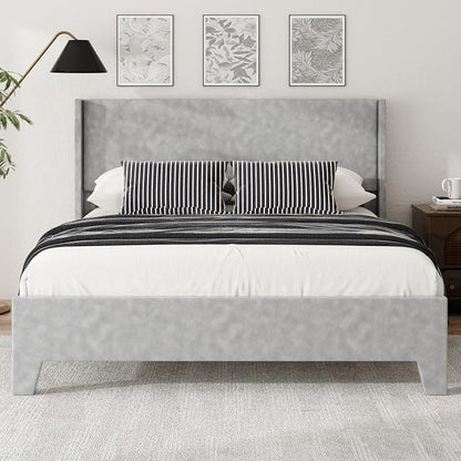 Queen Bed Frame with Faux Leather Upholstered Headboard, Wear-Resistant, Easy Clean, Mattress Foundation, No Box Spring Required, Easy Assembly, Grey