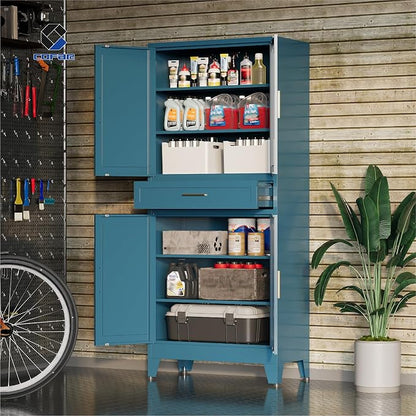 COFaR 71 in Tall Kitchen Pantry Cabinet with Drawer, Metal Pantry Storage Cabinet with 4 Adjustable Shelves and 4 Barn Doors, Freestanding Farmhouse Food Cupboard for Dining Room, Peacock Blue 6-Tier