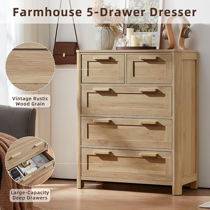 Joaxswe Farmhouse 5 Drawer Dresser for Bedroom, Vertical Dressers Chest of Drawers with 5 Deep Drawers & 4 Thickened Table Legs, Natural Wood