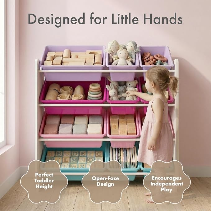 Humble Crew Toy Storage Organizer with 12 Removable Storage Bins for Kids Playroom, 4-Tier Toddler Toy Organization, White/Pink/Purple/Turquoise