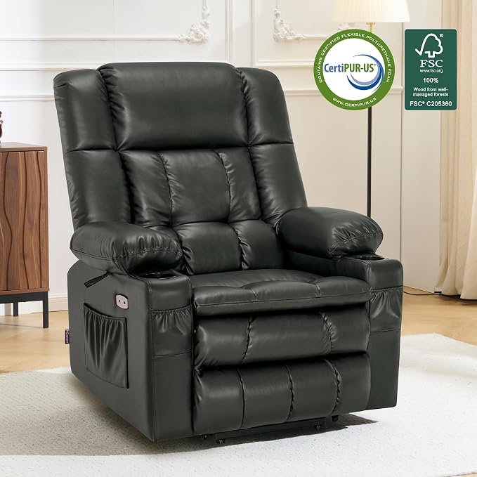 MCombo Large Dual Motor Power Lift Recliner Chair for Elderly, Zero Gravity Lift Chair with Heat and Massage, Infinite Position Lay Flat Recliner, USB Ports, Faux Leather 7896 (Grey, Large)