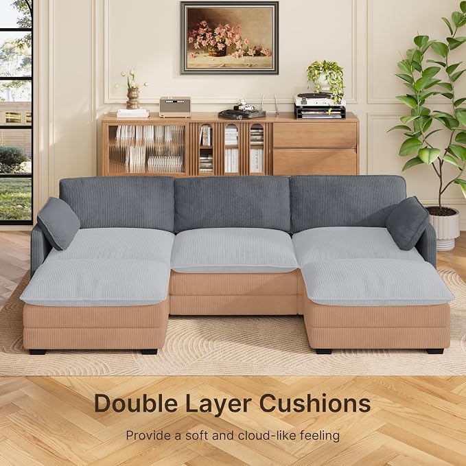 Gizoon 110'' U Shaped Corduroy Comfy Sectional Couches for Living Room 3 Seater Cloudy Sofa with 2 Movable Ottomans Pet Friendly Cloud Couch for for Living Room Bedroom and Apartment, Gray