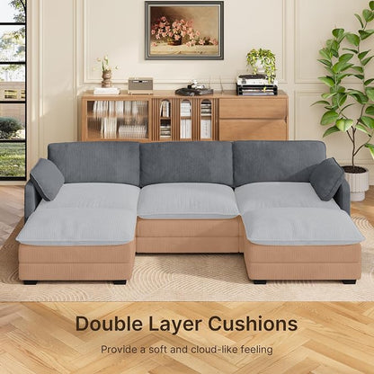 Gizoon 110'' U Shaped Corduroy Comfy Sectional Couches for Living Room 3 Seater Cloudy Sofa with 2 Movable Ottomans Pet Friendly Cloud Couch for for Living Room Bedroom and Apartment, Gray