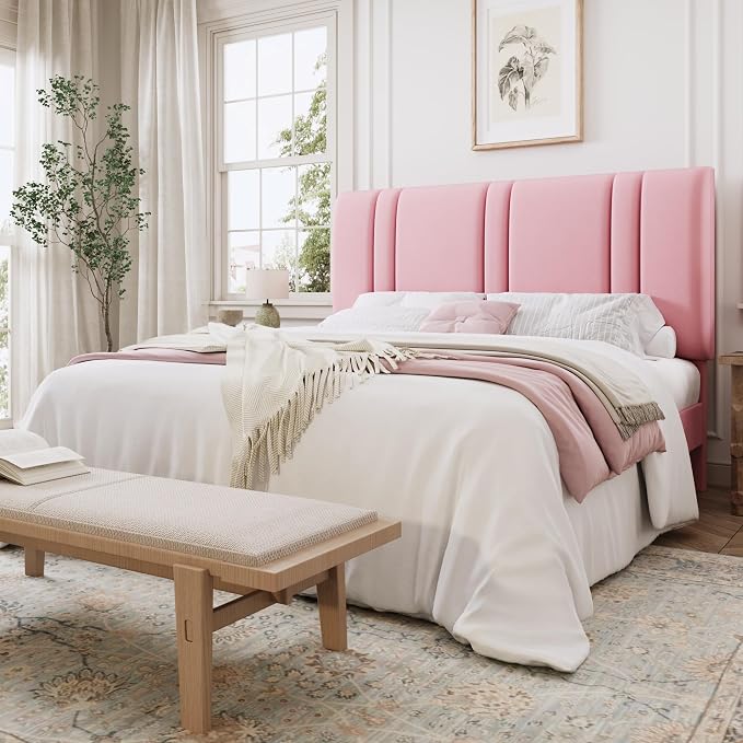 SHA CERLIN Queen Size Platform Bed Frame, Velvet Upholstered Bed with Adjustable Headboard, Vertical Channel Tufted Design, Sturdy Wood Slat Support, No Box Spring Needed, Easy Assembly, Pink