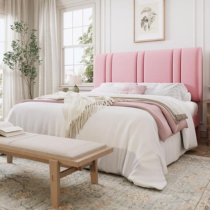 SHA CERLIN Queen Size Platform Bed Frame, Velvet Upholstered Bed with Adjustable Headboard, Vertical Channel Tufted Design, Sturdy Wood Slat Support, No Box Spring Needed, Easy Assembly, Pink