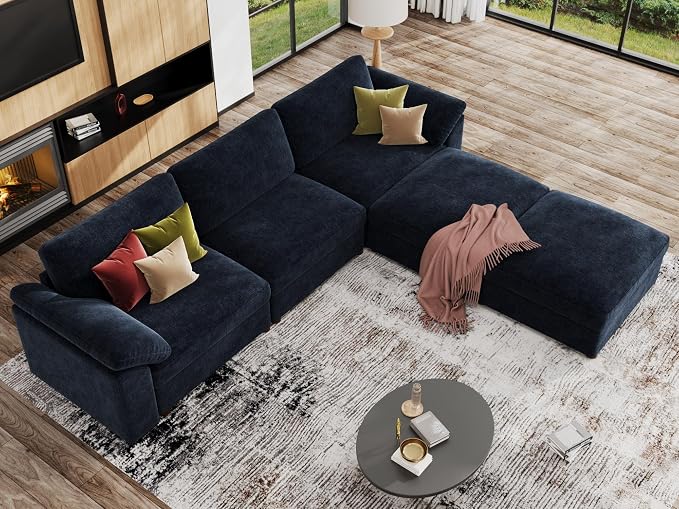 EASE MOOSE Blue Modular Sectional Couch,Oversized Deep Seat L Shape Sectional Couch,Comfty Modular Sofa for Living Room, Removable Cover