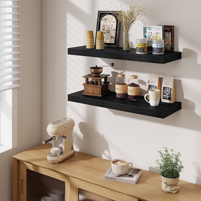 Fun Memories Floating Shelves for Wall, 30 Inch Long Floating Shelves Set of 2, 30 x 10 Wooden Shelves for Wall, Large Storage Shelves, Hanging Shelves for Bathroom Kitchen Bedroom, Black