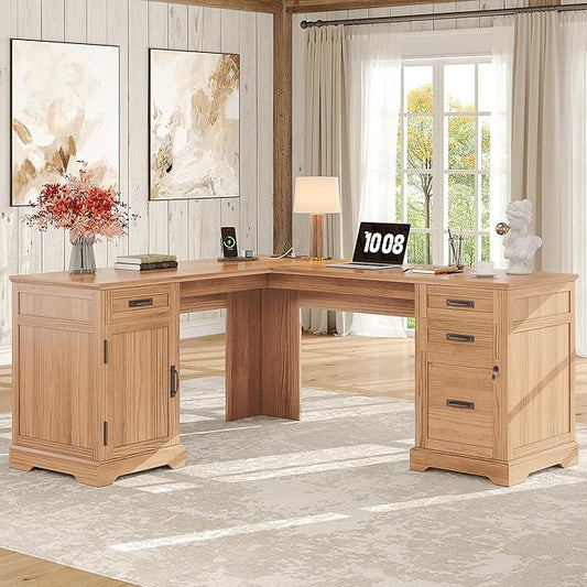 Whalefall 67'' Farmhouse L-Shaped Desk with Drawers for Home Office, Walnut | Computer Corner Desk with File Cabinet and Charging Station, Large Executive L Desk with Locking Drawers Storage