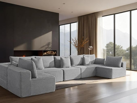 168" Cloud Sectional Couch, Comfort U Shaped Sofa for Living Room, Extra Deep Seats No Assembly, Minimalist Modular Couch, Corduroy (Light Grey, 7 Seats,U-Shape B)