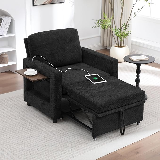 3 in 1 Folding Convertible Sleeper Sofa Bed Pull Out Couch with Side Pockets USB Port Side Table Single Sofa Bed with Adjustable Backrest for Living Room Bedroom 66" Black 1 SEAT