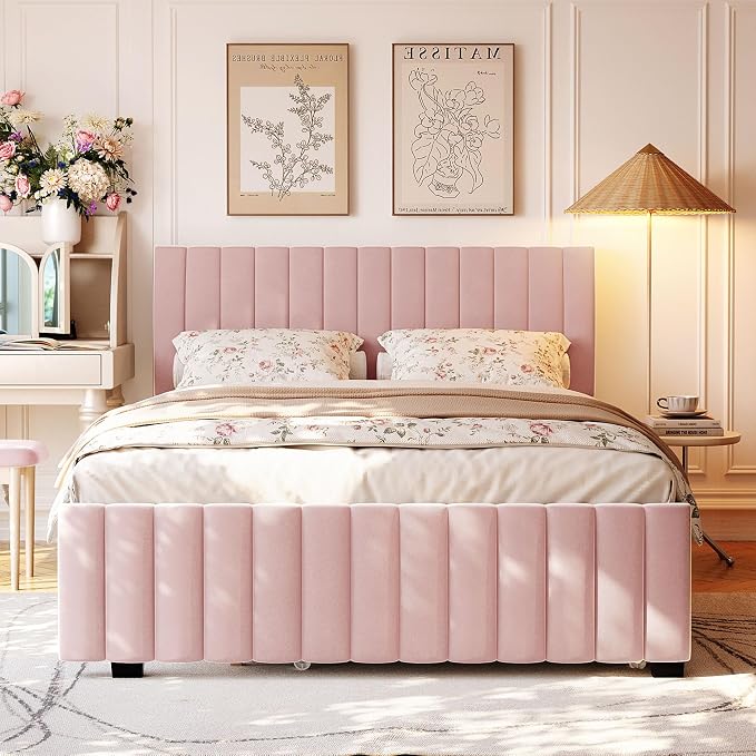 Ball & Cast Queen Bed Frame with Twin XL Size Trundle,Velvet Upholstered Platform Bed Frame Queen Size with Channel Tufted Headboard,Wood Slats Support,No Box Spring Needed,Easy Assembly,Pink