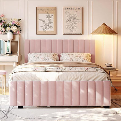 Ball & Cast Queen Bed Frame with Twin XL Size Trundle,Velvet Upholstered Platform Bed Frame Queen Size with Channel Tufted Headboard,Wood Slats Support,No Box Spring Needed,Easy Assembly,Pink