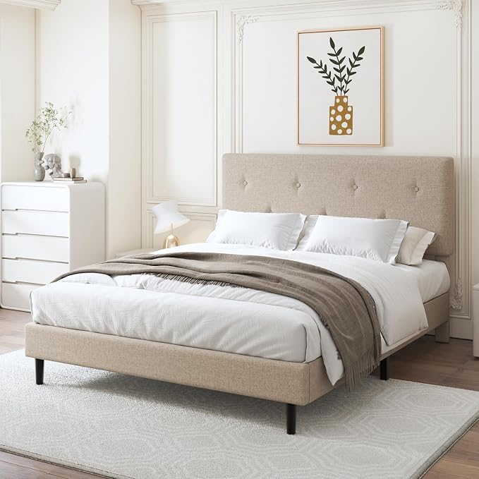 Queen Size Linen Bed Frame, Upholstered Platform Bed Frame with Adjustable Headboard, Wooden Slats Support, No Box Spring Needed, Easy Assembly, Beige