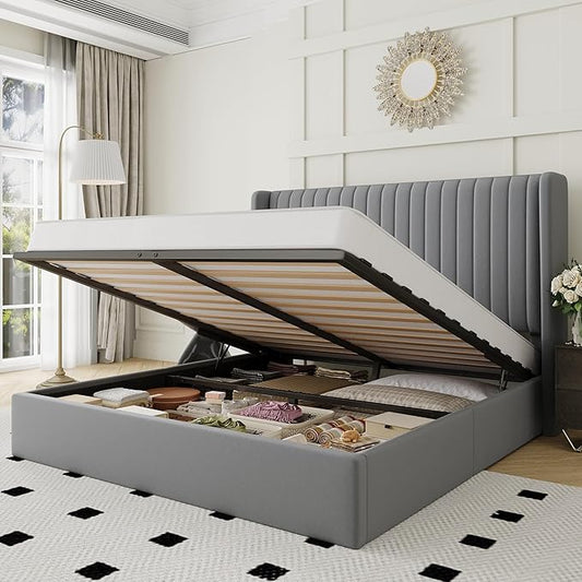 Allewie Queen Size Lift Up Storage Bed Frame, Hydraulic Support System, Upholstered Platform Bed Frame, Underneath Storage, Vertical Channel Tufted Headboard with Wingback, No Box Spring Needed, Grey