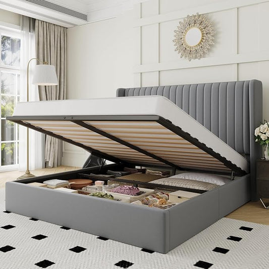 Allewie Full Size Lift Up Storage Bed Frame, Hydraulic Support System, Upholstered Platform Bed Frame, Underneath Storage, Vertical Channel Tufted Headboard with Wingback, No Box Spring Needed, Grey