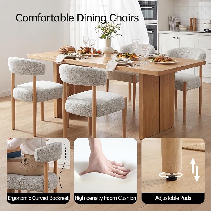 VKNOW Wooden Dining Chairs Set of 2, Modern Upholstered Dining Room Chairs with Rubberwood Legs and Curved Backrest, Fabric Kitchen Chairs for Farmhouse/Living Room/Dining Room, Heathered Off-White