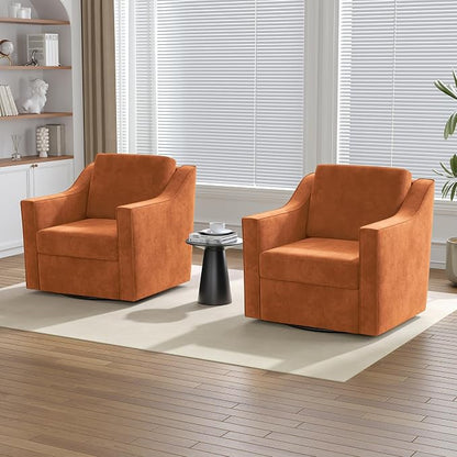 Swivel Accent Chairs Set of 2, Comfy Chenille Swivel Chair with Deep Seat, Upholstered Club Armchair with 360 Degree Rotation Base, Single Sofa Reading Chair for Living Room Bedroom, Orange