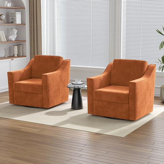 Swivel Accent Chairs Set of 2, Comfy Chenille Swivel Chair with Deep Seat, Upholstered Club Armchair with 360 Degree Rotation Base, Single Sofa Reading Chair for Living Room Bedroom, Orange