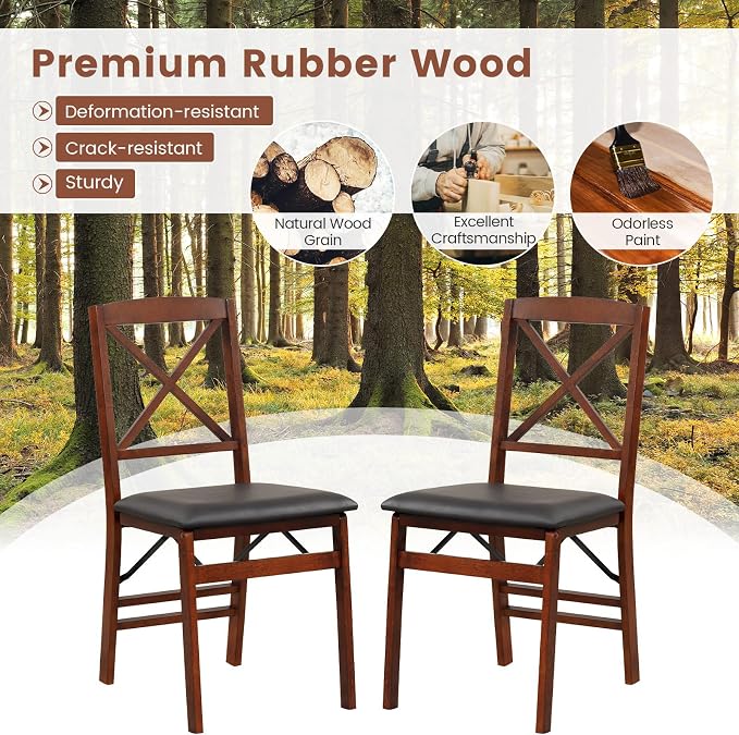 Giantex Folding Dining Chairs Set of 2, Foldable Wood Kitchen Chairs with Padded Seat, Solid Wood Frame, Max Load 400 Lbs, No Assembly Easy to Store Wooden Dining Chairs for Apartment, Small Space