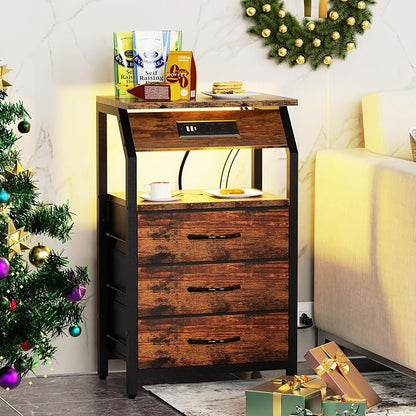 SZLHANJZ End Table with Charging Station, Nightstand with LED Lights and 3 Drawers, Small Night Stand with Fabric Storage, Retro Side Table for Bedside, Living Room Dorm, Rustic Brown
