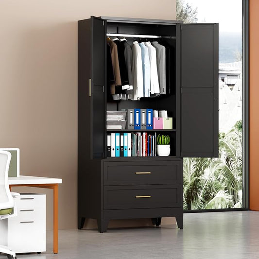 Steel Armoire Wardrobe Closet with 2 Drawers, 71" Metal Wardrobe Cabinet with Adjustable Shelves and Hanging Rod for Bedroom, Black Metal Clothing Storage Cabinets with 2 Doors