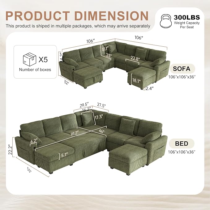 Hanherry 106" Sectional Sofa with Pull Out Couch Bed,7 Seat Corduroy Sleeper Sofa with 2 Seat Storage & USB Charging,Storage Ottoman,Comfy Modular Couches for Living Room,Apartment