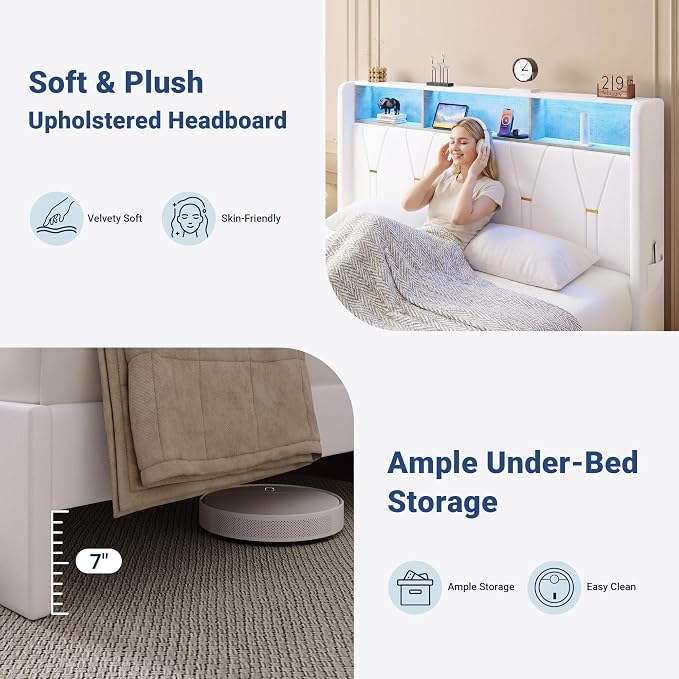 Allewie Queen Bed Frame with 2-Tier Storage Headboard, Charging Station & LED Light, Velvet Upholstered Platform Bed with 2 Drawers, Wingback Headboard, Gold Button Tufted, No Box Spring Needed, White