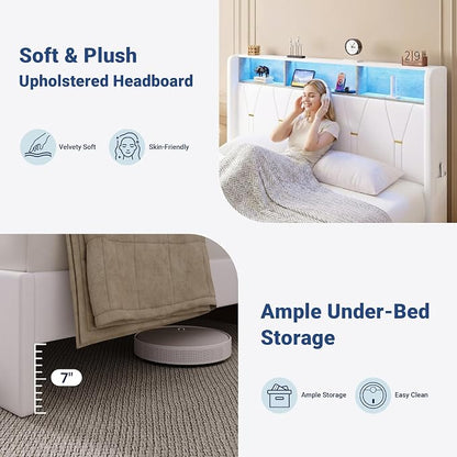 Allewie Full Bed Frame with 2-Tier Storage Headboard, Charging Station & LED Lights, Velvet Upholstered Platform Bed with 2 Drawers, Wingback Headboard, Gold Button Tufted, No Box Spring Needed, White