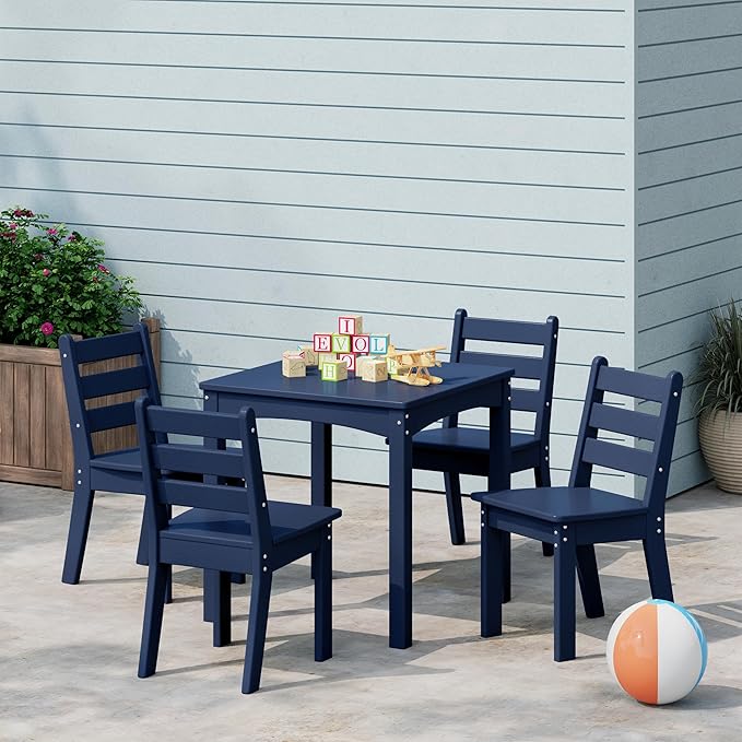 Costaelm Kids Table and 4 Chair Set, Activity Table Chair Set, Toddler Game, Playroom Furniture, Picnic Table Chairs, 5 Piece Dining Table Set, Navy Blue