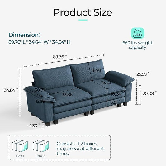 LINSY HOME 90" Modular Cloud Love Seat Sofa, Corduroy Soft Sectional Couch, Modern Comfy Love Seat, Perfect for Living Room, Apartment, Office, Blue