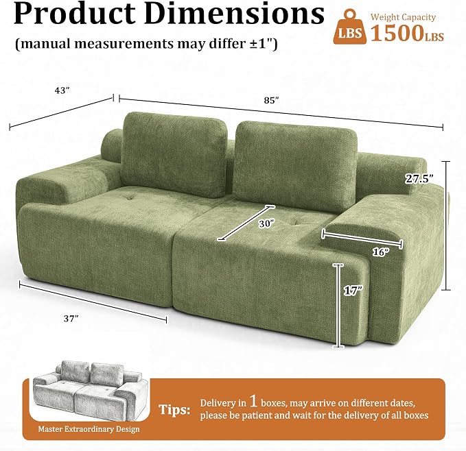 85" Oversized Boneless Couch, Comfort Cloud Sectional Couches for Living Room, Modular Sofa High Back & Extra Deep Seat, No Assembly, Soft Chenille Fabric (Olive Green, 85 inch- Shaped（2+0）)