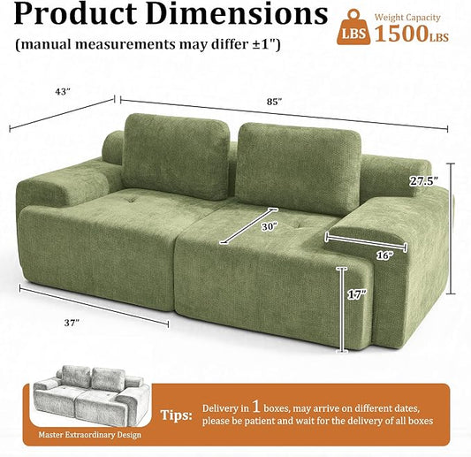 85" Oversized Boneless Couch, Comfort Cloud Sectional Couches for Living Room, Modular Sofa High Back & Extra Deep Seat, No Assembly, Soft Chenille Fabric (Olive Green, 85 inch- Shaped（2+0）)