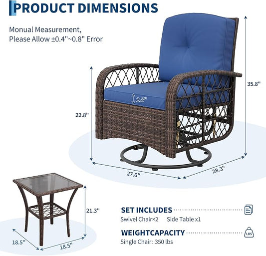 Garvee 3 Pieces Patio Furniture Set, Outdoor Swivel Glider Rocker Set w/Washable Cushion and Tempered Glass Tabletop, Conversation Furniture for Deck Porch Balcony Backyard Garden,Brown & Blue