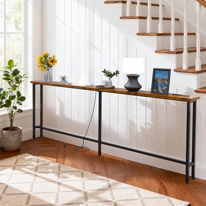GRLEAF 63" Narrow Console Sofa Table with Built-in Power Strip (2 AC Outlets & 2 USB Ports) – 4.9ft Power Cord, Metal Frame, Easy Assembly, Ideal for Behind Couch, Hallway, and Office | Rustic Brown