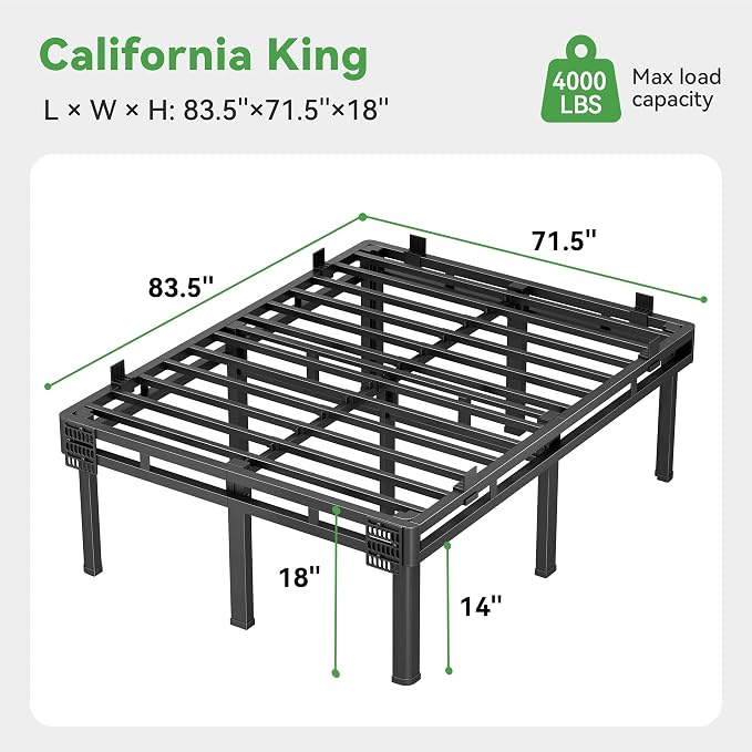 Superay California King Bed Frame, 18 inch Metal Bed Frame & Box Spring 2 in 1, Double Layer Bed Frame with Rounded Legs, Heavy Duty Platform Support 4000lbs, with Matress Gasket & headboard Adapter
