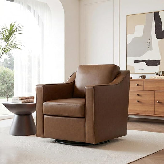 Faux Leather Swivel Accent Chair, 360° Swivel Upholstered Club Armchairs for Living Room, Comfy Single Sofa Reading Chair with Deep Seat, Metal Swivel Base, Coffee
