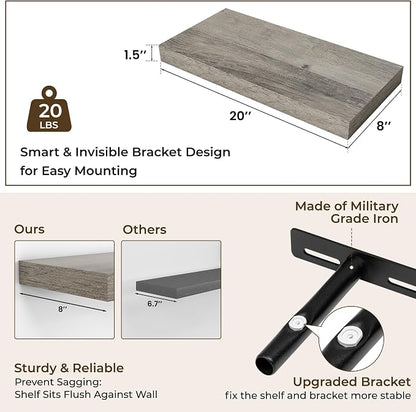 RICHFOCUS 20Inch Floating Shelves for Wall 2 Pack Shelves for Bedroom|Kitchen|Bathroom|Laundry Room Rustic Wood Wall Mounted Shelf with Invisible Brackets for Books|Storage|Decor, Grey