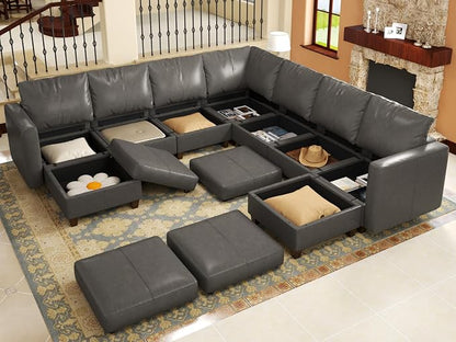 EASE MOOSE Faux Leather Sectional Sofa Modular Couch with Reversible Chaises, U Shaped Sectional Couch with Storage Convertible Sleeper Sofa